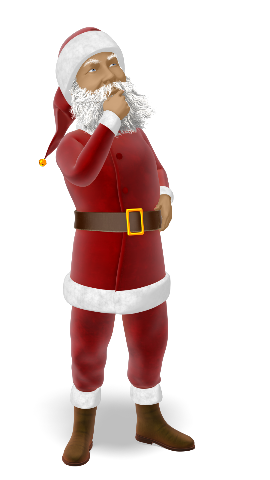 A  Santa character in a thinking pose.