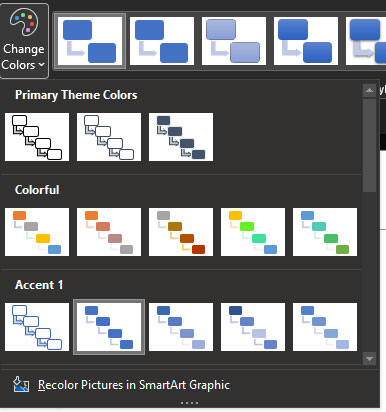 A preview how to change colors of smart art diagrams and charts.