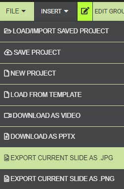 A preview shot of PresenterMedia's SlideClips file options down-down menu.