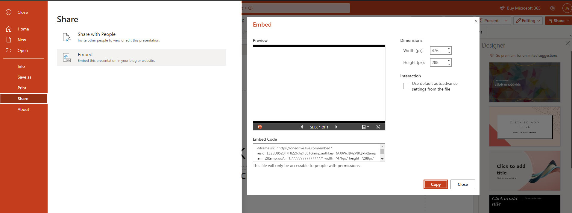 Where to find code to embed a PowerPoint slide show.