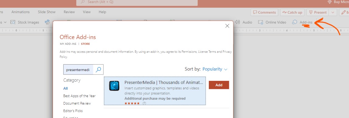 Where to access add-ins in PowerPoint.