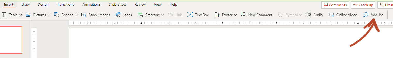 Where to insert add-ins in online PowerPoint app.
