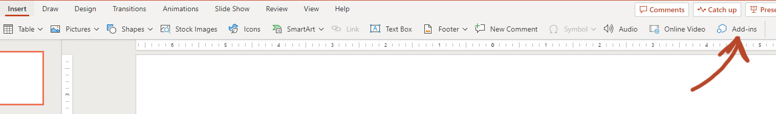 Where to insert add-ins in online PowerPoint app.