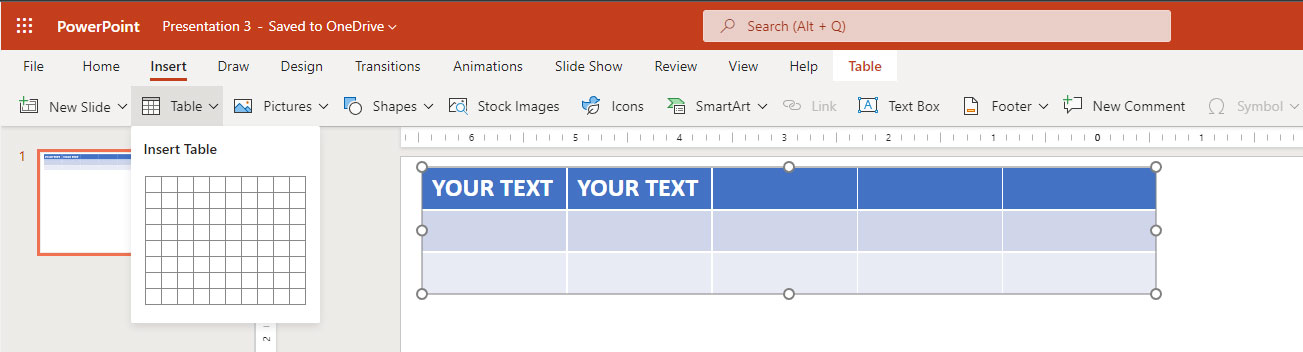 Adding a table chart in the web version of PowerPoint.