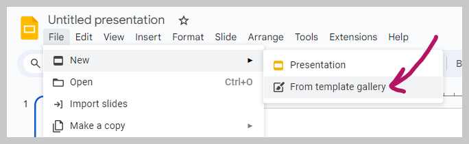 A screenshot showing how to open Google Slides template gallary.