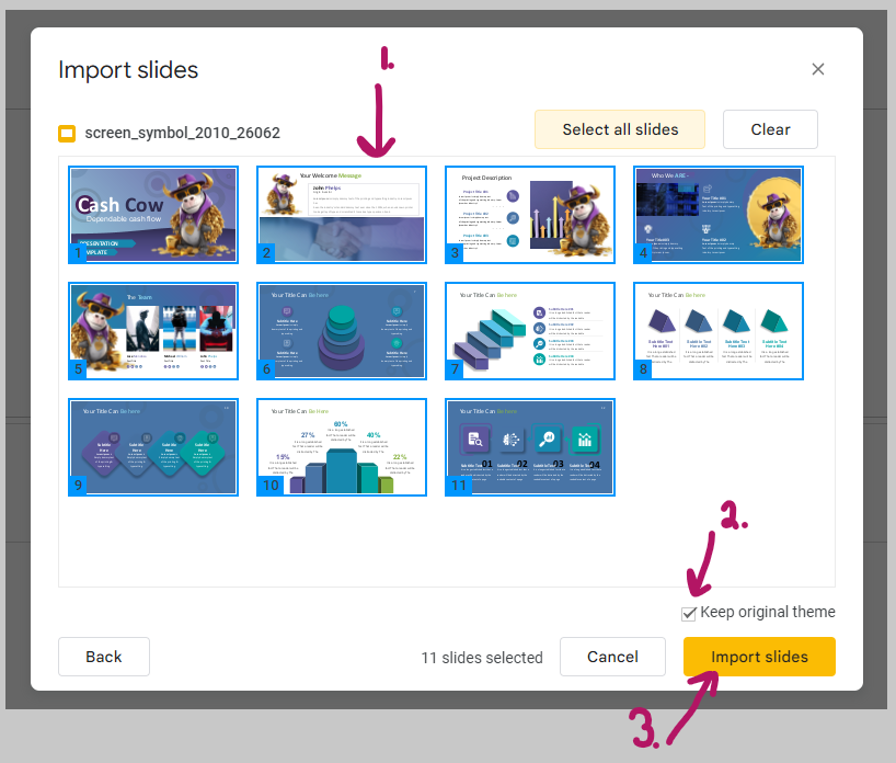 a screenshot showing how to import pptx file into google slides.