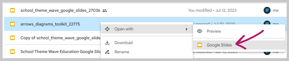 open pptx file in google slides from drive screenshot with arrow indicator.