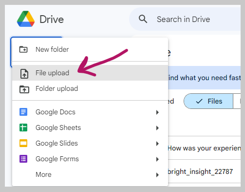 upload pptx file to google drive screenshot with indicator arrow