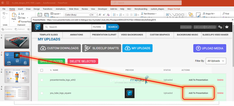 Inserting uploads to slides directly in PowerPoint