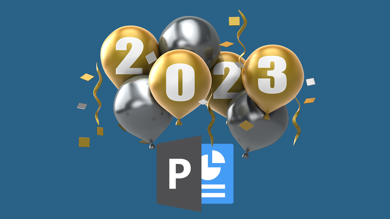 2023 balloons float above PowerPoint logo presented in blue and gray hues