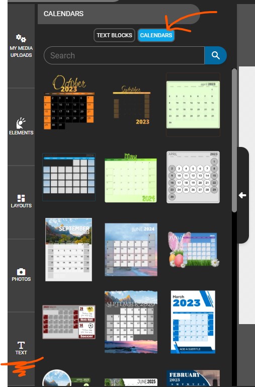 Customizer interface calendar designs inside the insert menu under the text button.