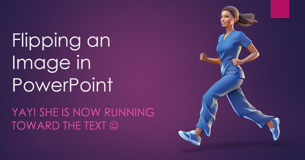 A PowerPoint slide showing a woman in medical scrubs running toward the text.