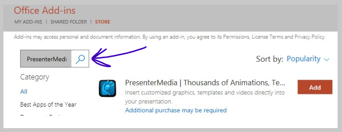 Preview How to Search PowerPoint addins for PresenterMedia.