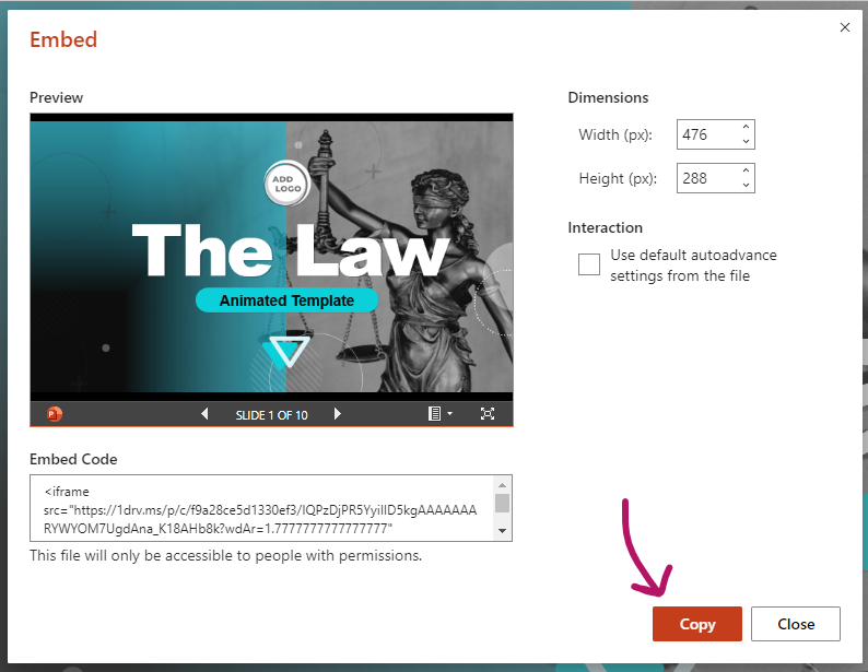 A screenshot showing the embed option and how to copy the code in PowerPoint.