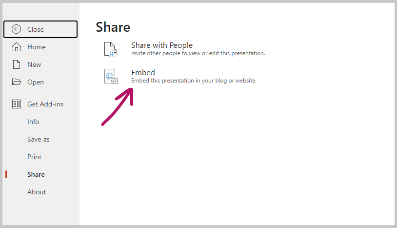 A screenshot of the embed option in PowerPoint for the web.