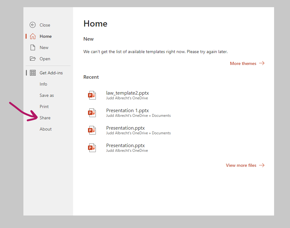 A screenshot of the share option in PowerPoint for Web
