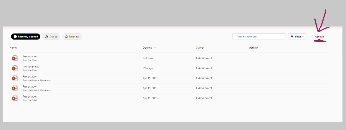 A screenshot of the upload button in PowerPoint web application.