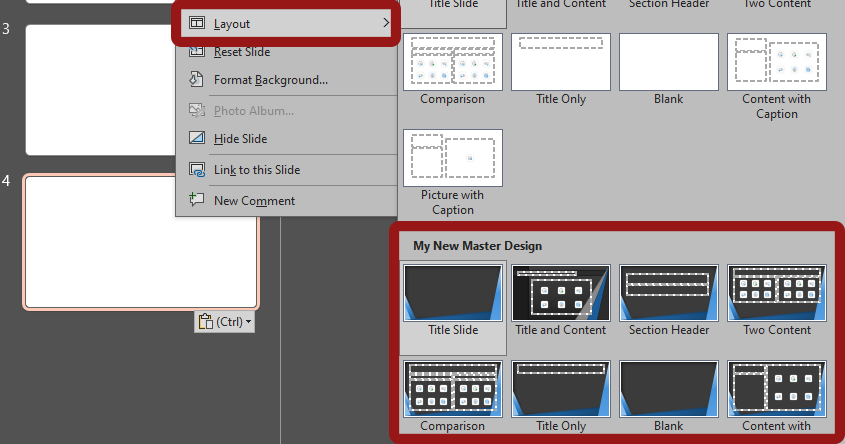 Choosing a slide from the slide master to use in normal view.