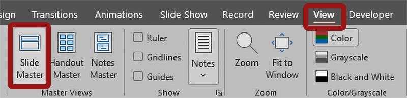 PowerPoint 365 Slide Master in View tab
