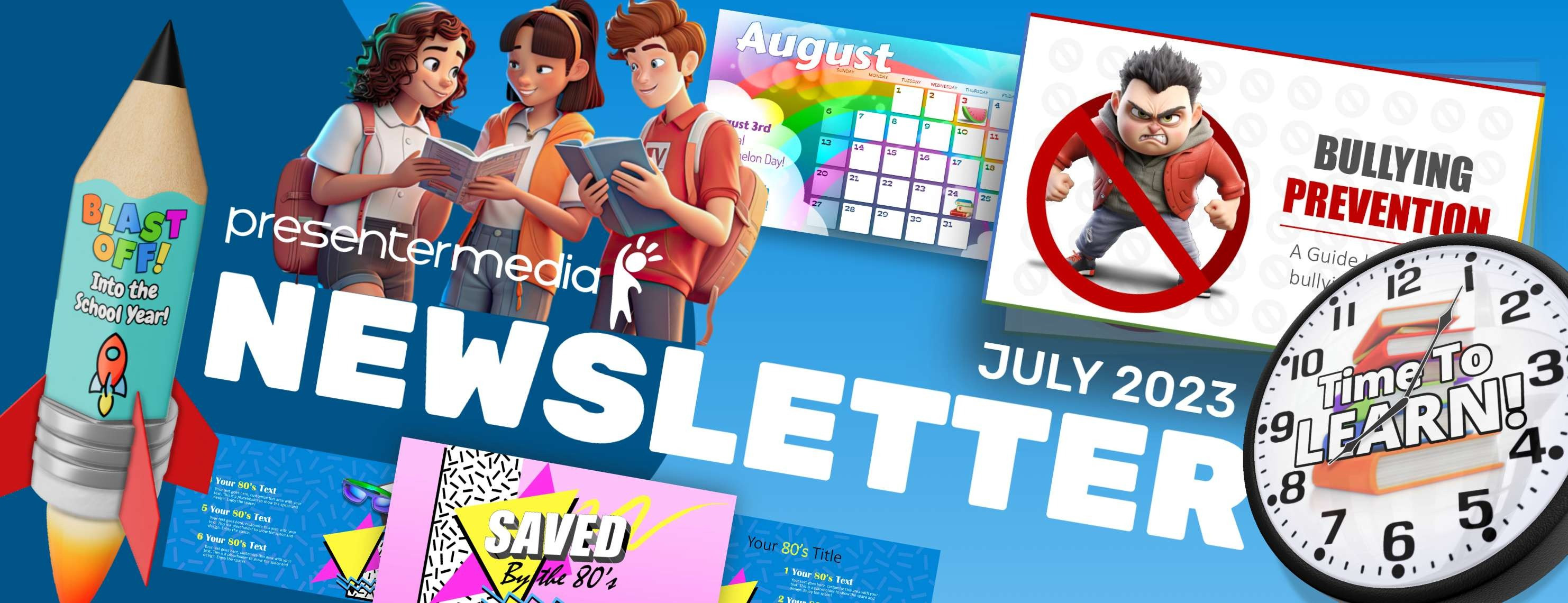 A feature image preview for the blog PresenterMedia July 2023 Newsletter - Graphics, Updates, News.